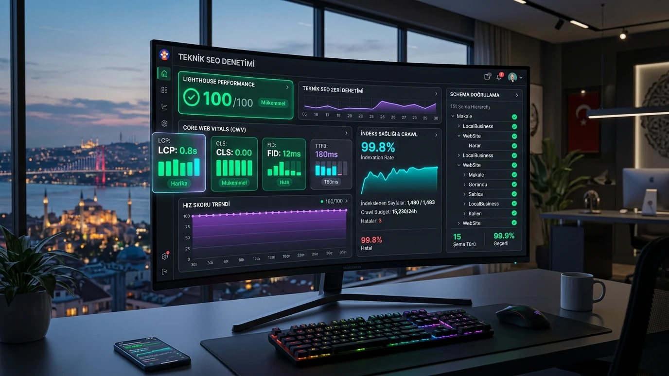 SEO teknik denetim paneli ve Core Web Vitals skorları